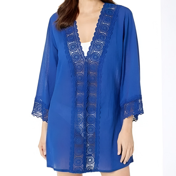 La Blanca Tops - La Blanca Island Fare Crochet Coverup Tunic Women XL Blue Deep V-neck 3/4 Sleeve